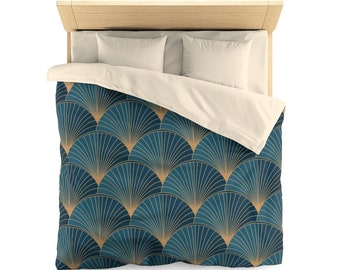 Golden Elements On Blue Background Art Deco Duvet Cover