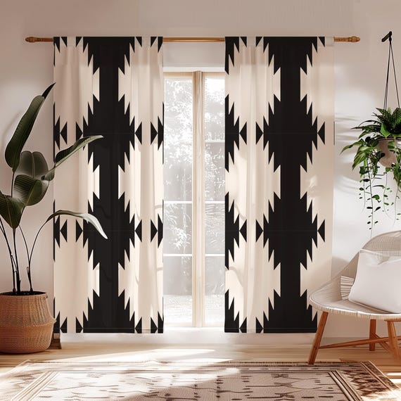 Modern Minimalist Southwestern Design Cream and Black Blackout Curtains - 1 or 2 Panels