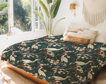Dark Green Oriental Bedding Set Cover, Crane Bird and Cherry