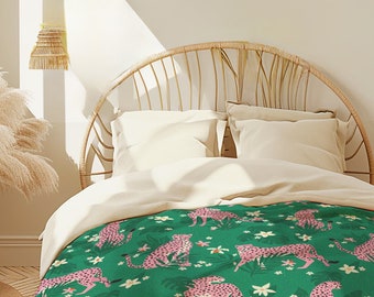 Pink Leopards in Greenery Maximalist Jungle Pattern Forest Green Duvet Cover
