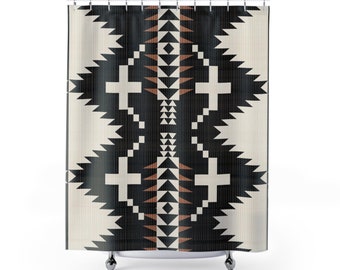 May include: A shower curtain with a geometric pattern in black, white, and brown. The pattern is reminiscent of Native American designs.