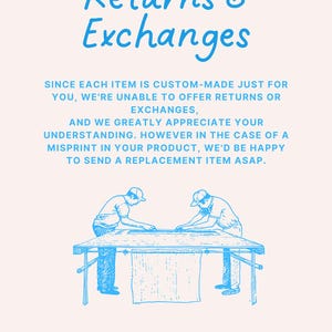 May include: Light blue text on a cream background reads "Returns & Exchanges." The text explains the shop's policy on returns and exchanges. A blue illustration shows two people working at a table. The text "Let's Connect!" and an Instagram handle are at the bottom.