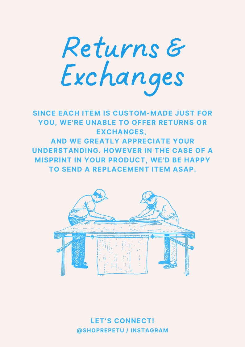May include: Light blue text on a cream background reads "Returns & Exchanges." The text explains the shop's policy on returns and exchanges. A blue illustration shows two people working at a table. The text "Let's Connect!" and an Instagram handle are at the bottom.