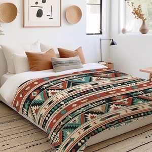 Navajo Pattern In Horizontal Stripes Terracotta and Turquoise Duvet Cover