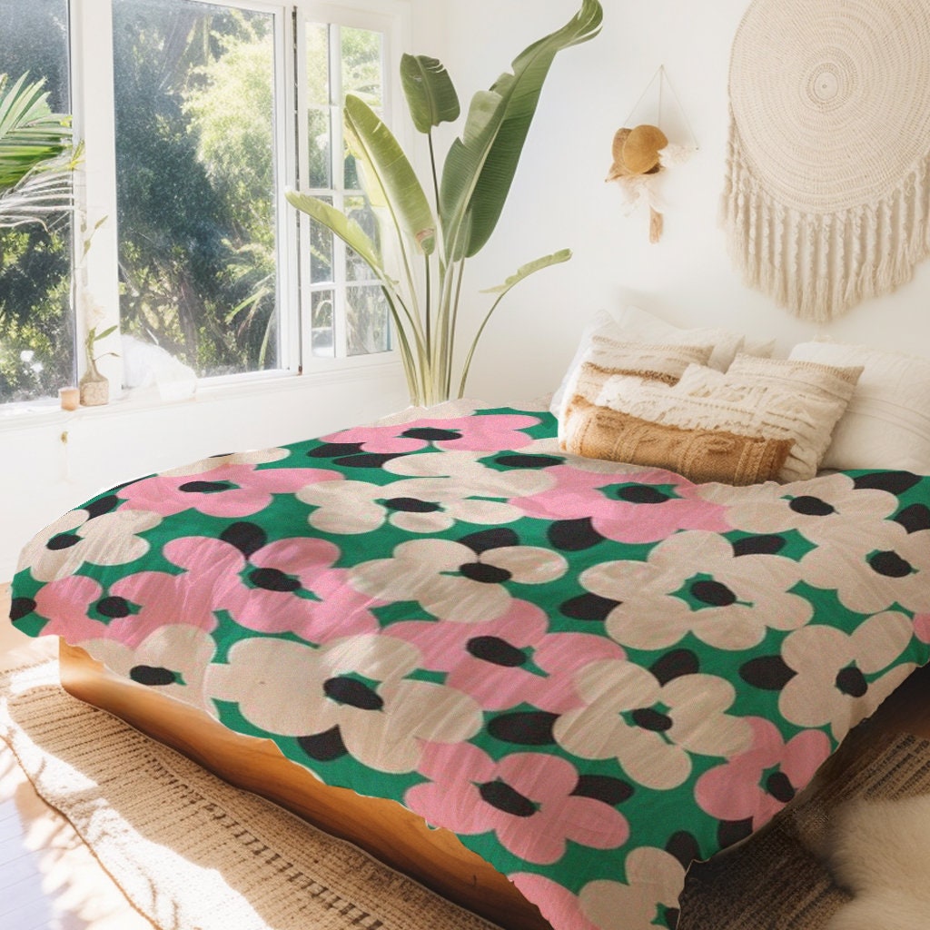 Light Pink and Cream And Dark Green Duvet Cover with Abstract Modern Florals