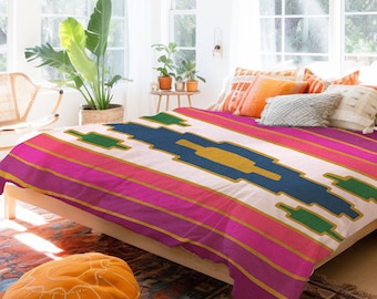 Funda nórdica y fundas de almohada bohemias con motivos kilim y rayas rosas