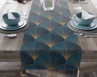 Goldene Elemente Auf Blauem Art Deco Tischläufer