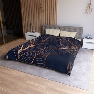 Banana Palm Tree Leaves Pattern Texture. Exotic Tropical Jungle Forest. Copper Gold Navy Duvet Cover