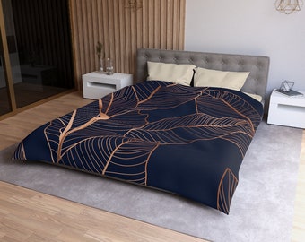 Banana Palm Tree Leaves Pattern Texture. Exotic Tropical Jungle Forest. Copper Gold Navy Duvet Cover