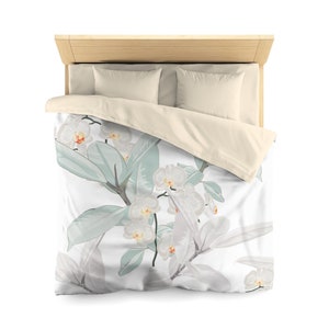 Tropical White Orchid Flowers And Ficus Duvet Cover image 1