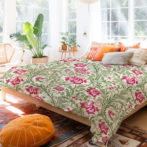 Green and Pink Floral Design Inspired by Early Morris Cottagecore Duvet Cover