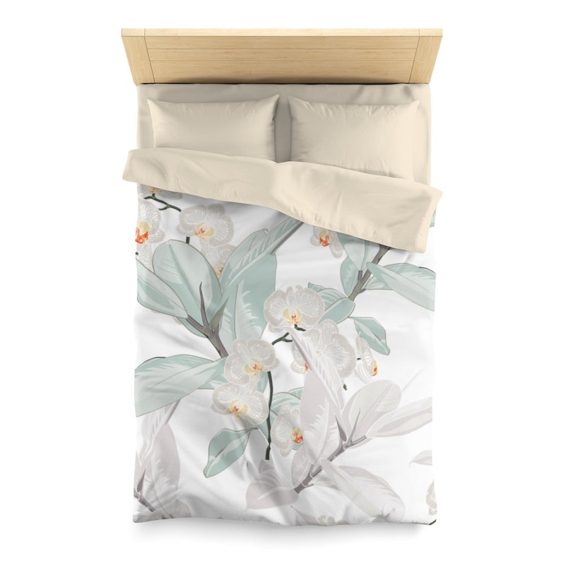 Tropical White Orchid Flowers And Ficus Duvet Cover image 2