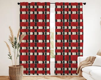 Cream Black And Red Checkers Modern Design Blackout Curtains - 1 Or 2 Panels