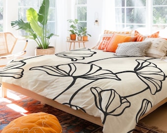 Abstract Gingko Leaves Pattern Black On Cream Duvet Cover