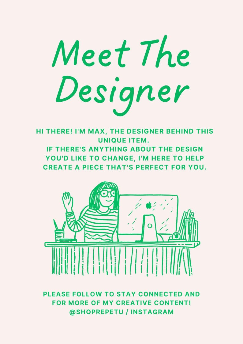 May include: Illustration with green text that reads "Meet The Designer." The image shows a person at a desk with a computer, waving. Text below says, "I'm Max, the designer behind this unique item."