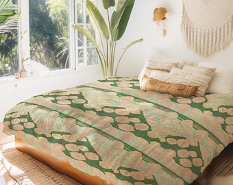 Green Mountains And Light Peach Flowers Pattern Inspired By Vintage Japanese Designs Duvet Cover