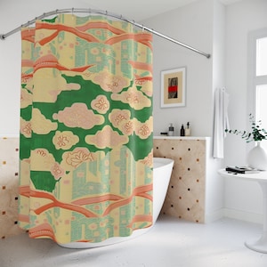 Peach Green And Light Blue Collage of Designs Inspired By Vintage Traditional Japanese Designs Shower Curtain