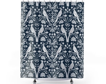 William Morris Pattern with Birds Navy Shower Curtain