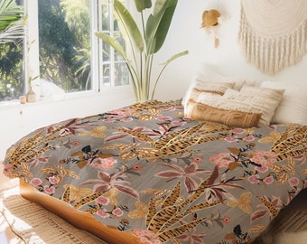 A Very Exotic Pattern With Plants And Flowers Warm Gray Duvet Cover