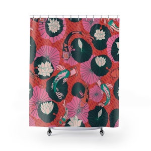 Hand Drawn Koi Fish And Lotus Pads In A Modern, Colorful Graphic Style Shower Curtain