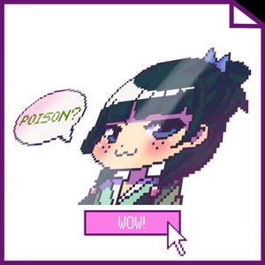 May include: Pixelated illustration of a manga-style character with dark hair and a green and purple outfit. A speech bubble says "POISON?" and a pink button with "WOW!" is at the bottom. A cursor hovers over the button.