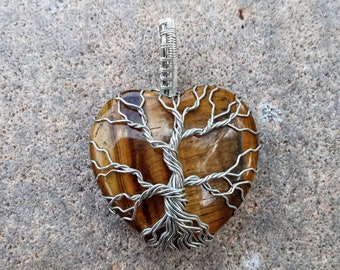 Handmade Woven Copper Tree of Life Tigers Eye Necklace #40