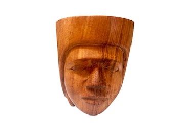 Vintage Hand Carved Teak Wood Face Mug