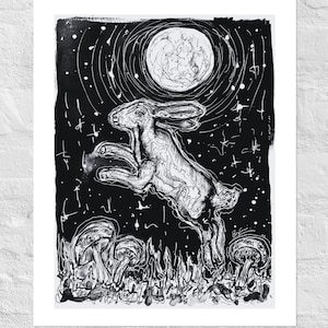 Leaping Rabbit Under Moon Pen and Ink Art Print