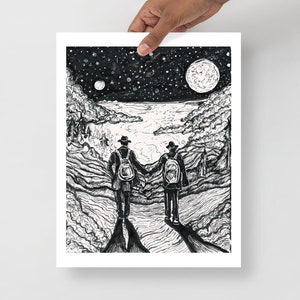 Moonlit Hike Art Print: Pen and Ink Mountain Landscape