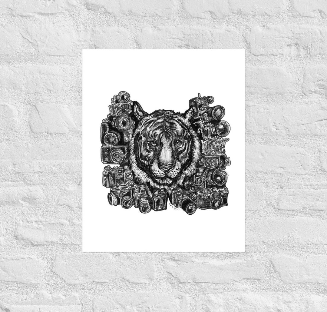 Tiger Pen Ink CAMERA Tiger Pen and Ink Art Print - Etsy