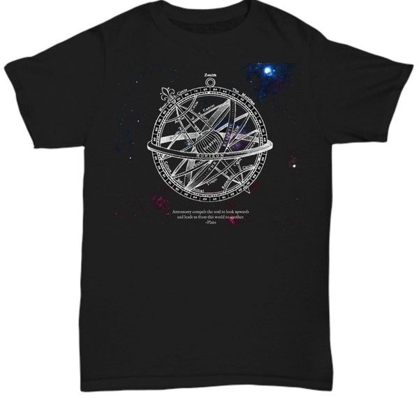 Armillary sphere in space with plato quote t-shirt