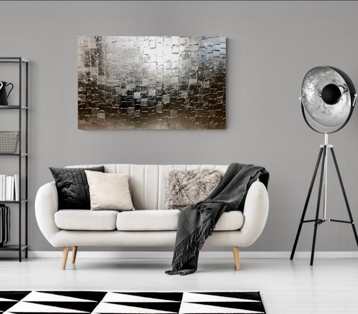 Large wall art. Silver artwork. Textured painting. Etsy