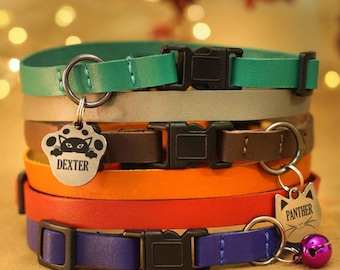Custom Leather Cat Collar with Breakaway Buckle, Personalized Cat ID Tag Collar, Safety Adjustable Collars for Small Medium Large Cats
