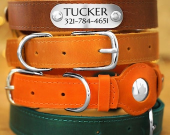 Leather AirTag Dog Collar with Engraved Name Plate - Personalized Dog Collar with AirTag Holder - Custom Dog Collar Name Tag - Pet Collars