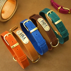 Pode incluir: Uma coleção de coleiras personalizadas para cães em várias cores, incluindo laranja, castanho, azul, verde e rosa. Cada coleira apresenta uma fivela dourada e uma placa com um nome e número de telefone. As coleiras estão dispostas numa superfície castanha.