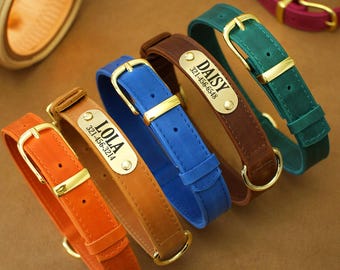 Handmade Leather Dog Collar: Engraved Brass Nameplate, Personalized Puppy Collar