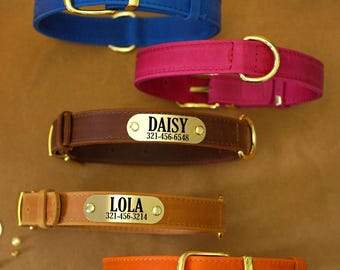 Personalized Leather Dog Collar: Engraved Brass Nameplate, Custom Pet ID