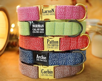 Cotton Webbing Dog Collar - Custom Dog Collar Personalized - Dog Collar with Engraved Metal Buckle - Durable Dog Collar - Puppy Collar