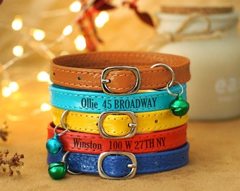 Lindo collar de gato con campana - Collar de gato de cuero Nombre grabado - Collares de gato personalizados para gatos pequeños medianos grandes con personalización