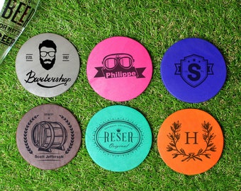 Leather Coasters - Round Leather Coasters with Engraved Personalized - Home Decor - Company Gift - Customized Gift for Dad - Drink Coasters