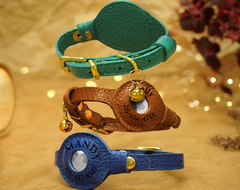 AirTag Katzenhalsband, personalisierbares, graviertes Leder Katzenhalsband mit Apple Air Tag Halter, leichtes integriertes GPS Haustierhalsband für Katzen