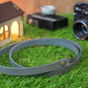 May include: A grey leather camera strap with a brass buckle and a metal ring. The strap is lying on a green grassy surface.