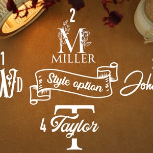 Peut inclure: Quatre styles diff&eacute;rents de monogrammes sont pr&eacute;sent&eacute;s sur un fond brun. Les designs comprennent un monogramme traditionnel, un monogramme avec un motif floral, un monogramme en &eacute;criture cursive et un monogramme avec une banni&egrave;re. Le texte "Style option" est &eacute;crit sur la banni&egrave;re.