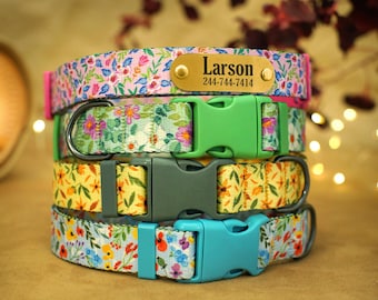 Blumenhalsband mit Hundemarke, personalisiertes Blumen-Hundehalsband mit Plastikschnalle, Mädchen-Hundehalsbänder in niedlichen Blumenmustern, individuelles Welpen-Halsband