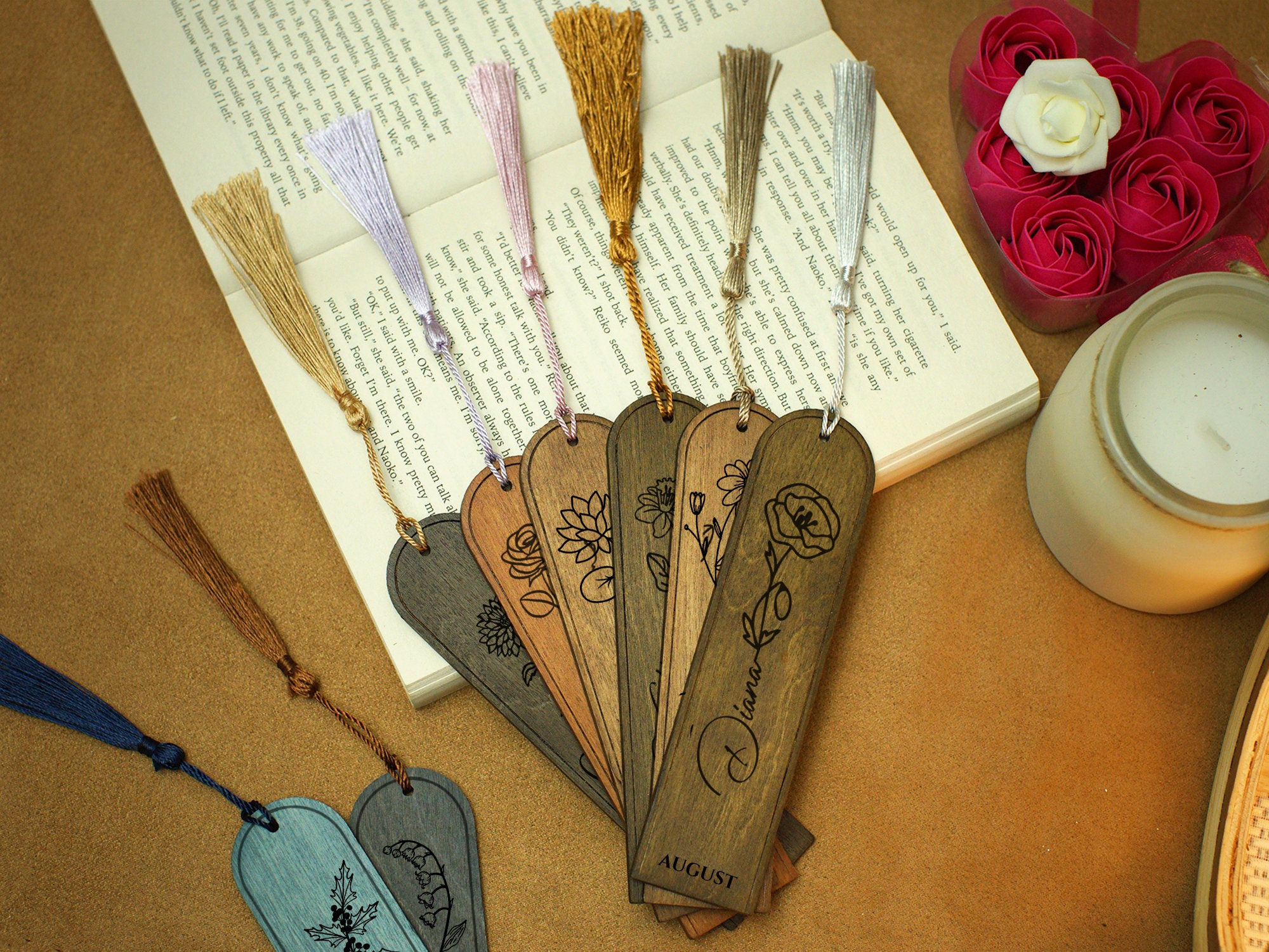 Personalized Birth Flower Bookmark with Tassel, Custom Name Wood Bookmark, Cute Birthday Gift, Gift for Book Lover/Bookworm