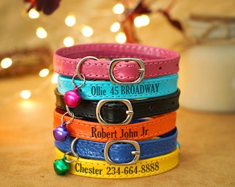 Leather Cat Collar - Custom Engraved Cat Collar - Personalized Cat Collar with Bell - Soft Leather Cat Collars - Lightweight Kitten Collar