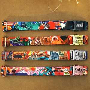 Engraved Metal Buckle Dog Collar, Unique Patterned Dog Collars, Soft Nylon Dog Collar with World Designs, Custom Pet Gifts for Dogs