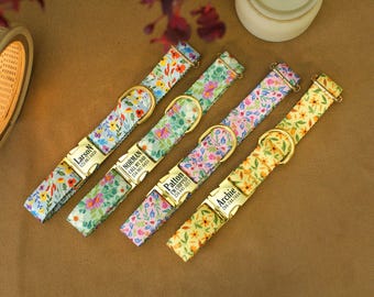 Personalized Floral Dog Collar, Custom Engraved Buckle Dog Collar, Adjustable Nylon Dog Collars for Small Medium Large Dogs, Puppy Collar