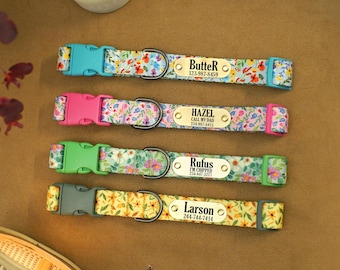 Custom Floral Dog Collar: Personalized Engraved Name Tag