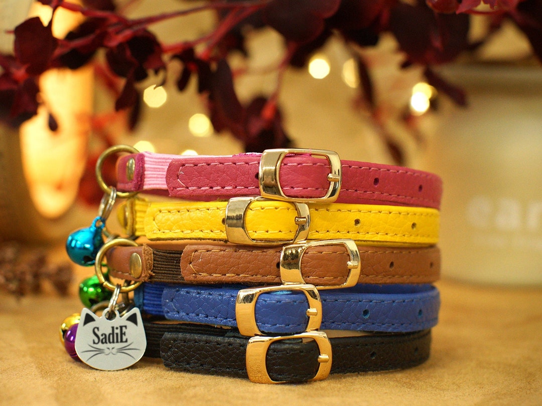 Personalized Cat Collars in 10 Color Selection Soft Leather Cat Collar With Name Tag & Bell